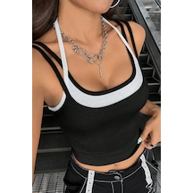 Epilons Zenvial Kadın Beyaz Siyah Çift Renk Çapraz Askılı Crop Top Bluz Zenviall2