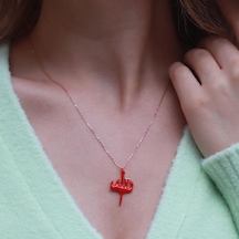 Allah Yazılı Kırmızı Mine İşli Mini Zirkon Taşlı Rose Gold Kaplama Gümüş Kolye Gümüş