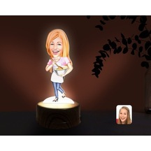 Kişiye Özel Kadın Chef Karikatürlü Dekoratif 3D Biblo Led Işıklı (481495961)