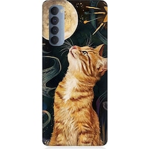 Oppo Reno 4 Pro Uyumlu Aya Bakan Meraklı Kedi Desenli Silikon Kılıf Çok Renkli