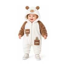 Chicsy Baby Tatlı Ayıcık Nakışlı Bebek Welsoft Tulum Kapüşonlu Kulaklı Fermuarlı Cepli Kışlık Peluş Tulum Açık Kahverengi