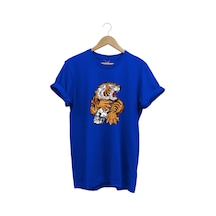 Vahşi Kaplan Tasarım Ve Kuru Kafa Baskılı %100 Pamuk Regular Fit Bisiklet Yaka Mavi T-shirt Mavi