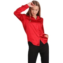 Kadın Kırmızı Dökümlü Saten Gömlek-22652-kırmızı