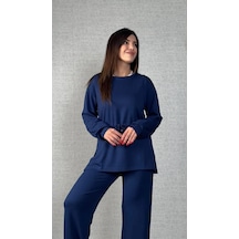 Defymoda Kadın Uzun Kollu Bisiklet Yaka Belden Büzgülü Bağcıklı Viskon Iki Iplik Bluz Ve Pantolon Ikili Takım Siyah