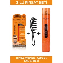 Fontenay Saç Şekillendirici Pudra Toz Wax Ultra Strong Turuncu + Şekil Tarağı + Saç Spreyi 400ml 3'lü Set
