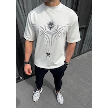 Erkek Kısa Kol Tişört Bisiklet Yaka Gül Baskılı Oversize T-shirt - Beyaz