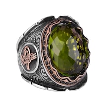 Gümüş Osmanlı Tuğra Yüzük, Doğal Olmayan Peridot Taşlı Yüzük, 925 Ayar Gümüş Erkek Yüzük Gümüş
