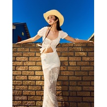 Koton Dantel Detaylı Kısa Balon Kollu Bağlamalı Fiyonklu Crop Bluz Ekru 5sal60131ıw Ekru