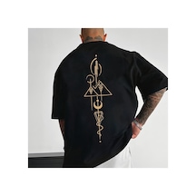 Caddemia Yaz Rahat Rahat Geniş Artı Boyutu Soyut Desen Baskılı Yuvarlak Boyun Kısa Ko Siyah 2XL
