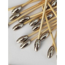 100 Adet Dekoratif Gümüş Oval Arpa Boncuklu Pasta Kürdanı 6,5 Cm - Inci 6x12 Mm