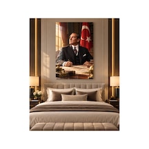 Çalışma Odasında Atatürk Ve Türk Bayrağı Temperli Cam Tablo