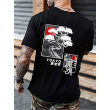 Tarzsokak Kod Trend Homme Erkek Japon Harfli Ve Ağaç Baskılı Tişört Siyah
