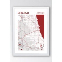 Chicago Abd Şehir Haritası Çerçeveli Tablo Lüks Salon Ofis Duvar Dekorasyonu Hediyelik Tablo Beyaz
