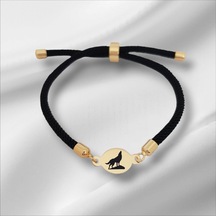 14 Ayar Altın Plakalı Oval Motifli İpek Örgülü Bozkurt Sembollü Hediye Bileklik-320sembol-siyah Altın