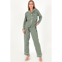 Doremi Stripes Uzun Kollu Kadın Pijama Takım Haki-m-l Haki