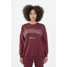 Maraton Sportswear Oversize Kadın Bisiklet Yaka Uzun Kol Basic Bordo Sweatshirt 22185-bordo