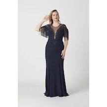 Moda Berray 8009 İşlemeli Püsküllü Büyük Beden Uzun Abiye Lacivert