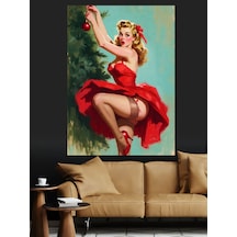 Ahşap Tablo Kırmızı Elbiseli Pin-up Kız