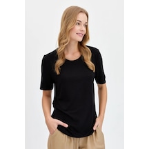 Desen Triko Kadın Sıfır Yaka Flamlı Kumaş Penye T-shirt Kmy24084 Siyah