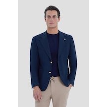 Erkek Lacivert Dar Kesim Slim Fit Viskon Çift Yırtmaçlı Torba Cep Tam Astarlı Mono Yaka 6 Drop Casual Ceket