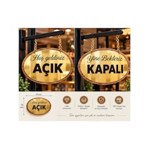 Lüks Gold Aynalı Pleksi Ve Ahşap Çerçeveli Çift Taraflı Açık / Kapalı Kapı Tabelası - 21x13 Cm