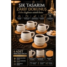 6 Kişilik 12 Parça Bambu Tabaklı Beyaz Porselen Kahve Fincan Takı