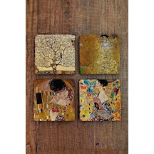 Doğal Taş Bardak Altlığı Gustav Klimt Eserleri Baskılı 4'lü Set -10x10cm Stone Coasters Çok Renkli
