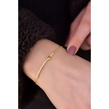 Papatya Silver 925 Ayar Gümüş Gold Kaplama Sıralı Zirkon Tektaş , Kalp Bileklik