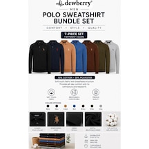 Dewberry Erkek Polo Yaka Sweatshirt 7'li Set %70 Pamuk Nakışlı Uzun Kollu Sweat Siyah-lacivert-haki-gri-camel-kahve-indigo
