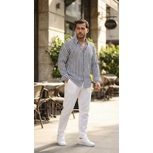 Modi Green Erkek Salaş Stil Dikey Çizgili Yarım Oversize Gömlek Lacivert