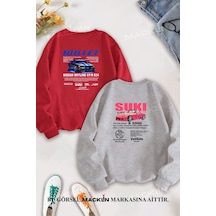 Macklin Sevgili Çift Kombin Hızlı Ve Öfkeli Bullet & Suki Sırt Baskılı Bisiklet Yaka Sweatshirt 2li Takım Kırmızı Gri Mck1340 Çok Renkli