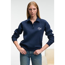 Grımelange CAMIREL Kadın Polo Yaka Düğmeli Nakış Detaylı Reglan Kol Comfort Fit Lacivert Sweatshirt