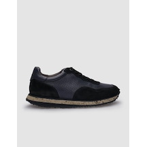 %100 Hakiki Deri Siyah Süet - Füme Bağcıklı Erkek Sneaker-siyah Siyah