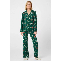 Benerly Kadın Gömlek Yaka Standart Kol Regular Kalıp Pijama Takımı Fonksi Yeşil