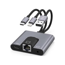 Lexroo Type-c - Rj45 Ethernet Adaptörü & 3.5mm Ses Girişli Pd Şarj Destekli Usb-c Hub/docking