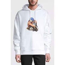 Anime Neon Genesis Evangelion Baskılı Beyaz Erkek Kapşonlu Sweat