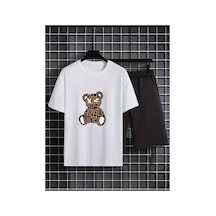 Medinenur Desenli Ayıcık Baskılı T-shirt Short Bol Paça Rahat Kalıp Siyah Alt Siyah Üst Short Takım Beyaz