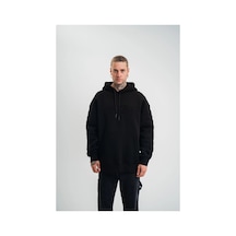 Erkek 3 İplik Pamuklu Oversize Kapüşonlu Nakışlı Hoodie Sweatshirt - Siyah