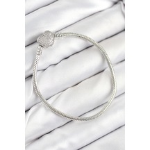 Pirinç Charm Zirkon Taşlı Kalp Model Gümüş Renk Kadın Bileklik Açık Mavi