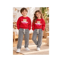 Uğur Bebe Unisex Çocuk Eşofman Takımı Kırmızı Ayıcık Baskılı Sweatshirt Siyah Beyaz Kareli Dokuma Kanvas Pantolonlu 2 Parça Günlük Spor Kombin %100 Pamuk Şardonsuz Kırmızı Kırmızı