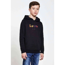 Tshirthane Tetris Love In Tetris Baskılı Unisex Çocuk Kapüşonlu Siyah Sweat Siyah