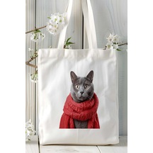 Art Hediye Mavi Rus Kedisi Kedi Kişiye Özel Baskılı Bez Çanta Omuz Çantası Desen 2 Çok Renkli
