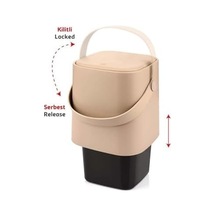 Tutma Saplı İç Kovalı Tezgah Üstü Mutfak Çöp Kovası, 4 Litre, Kilitli Kapak, Click Kapak, 20x20x22 Cm Krem, 4 Litre
