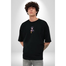 Süper Robot Kız Sulu Boya Siyah Oversize Unisex Ön Orta Minimal Baskılı Tişört Siyah