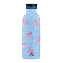 Mamawata Flamingos Pipetli Çocuk Termos Matara 470 Ml Paslanmaz Çelik Sızdırmaz Yalıtımlı Suluk Mavi