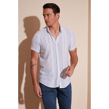 Buratti Çizgili Pamuklu Slim Fit Kısa Kollu Erkek Gömlek Cf23S116097 Beyaz-Saks