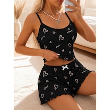 Kadın Love Yazılı Ve Kalp Desenli Dantel Askılı Şortlu Pijama Takımı 5262 Siyah