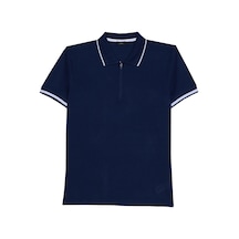 Erkek Slim Fit Dar Kesim %100 Pamuk Jakarlı Düz Yaka Ve Kol Detaylı Lacivert Polo Yaka Tişört-50217 Lacivert