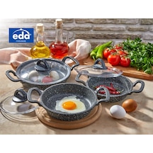 EDA COOKWARE ASYA 3 LÜ SAHAN SETİ CAM KAPAKLI DÖKÜM GRİ YUVARLAK