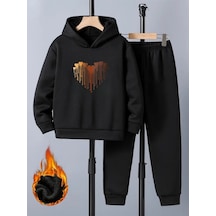 Uyguntarz Eriyen Kalpler Baskılı Oversize Çocuk Sweatshirt Eşofman Takım Siyah